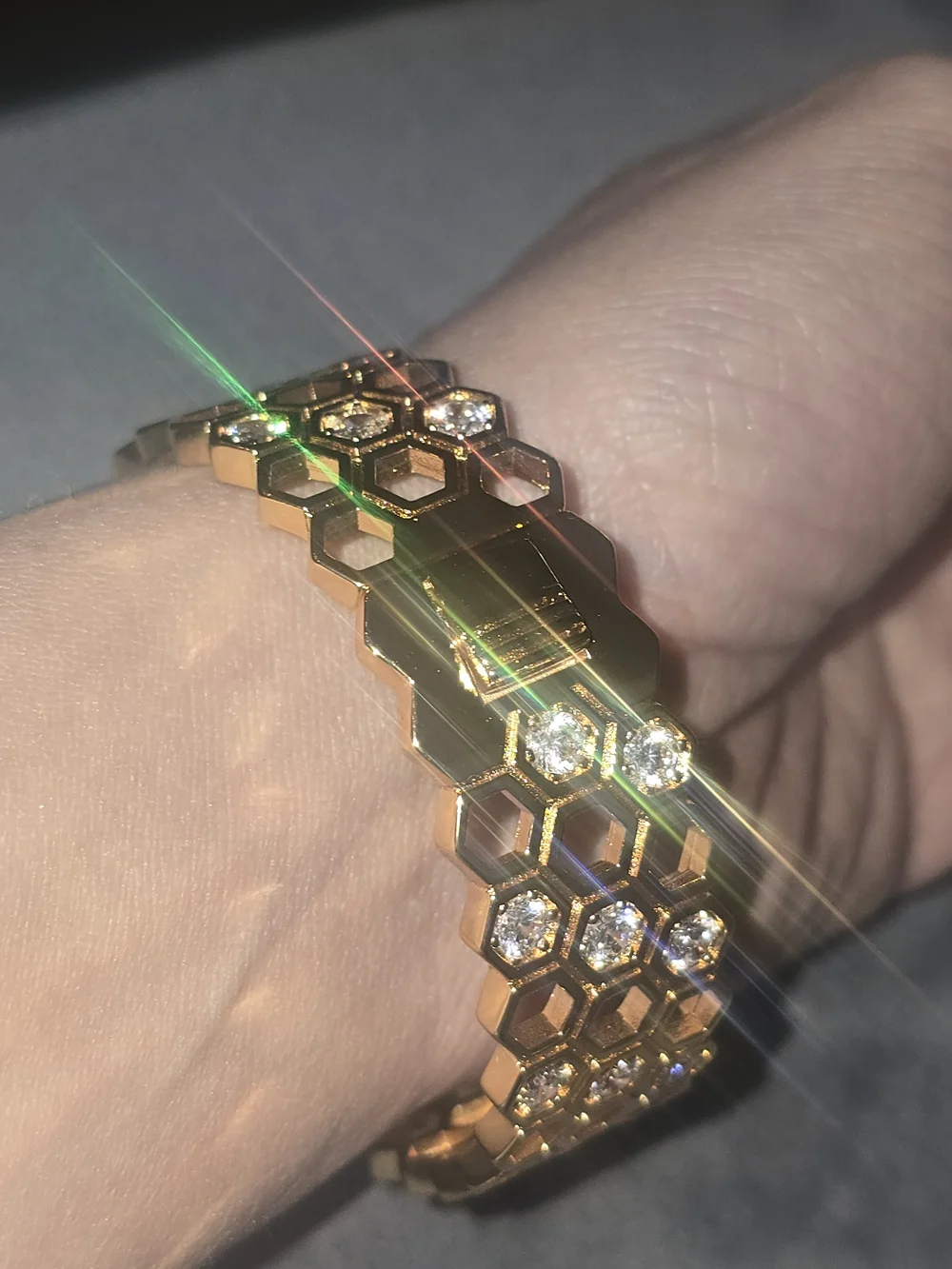 22kgp Dubai Jewelry Gold Honeycomb Bracelet with Clear Crystals - Women Jewelry